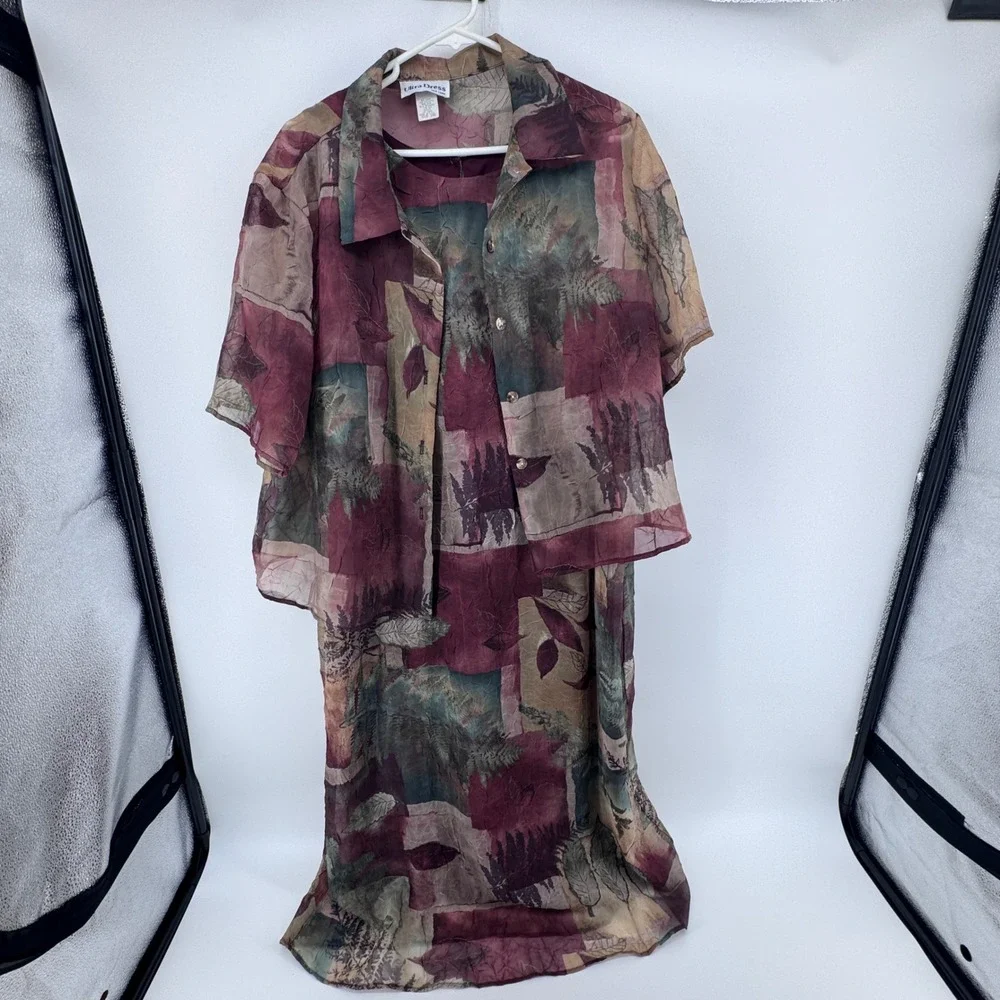 Ultra Dress New York 2 Piece Set Dress and Sheer Shirt Burgundy Green Size‎ 16W